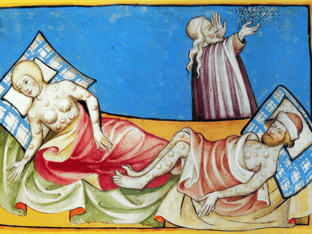15th-century Bible depiction of a couple suffering from the blisters of bubonic plague. A reader pointed out that it was actually a depiction of people suffering from the sixth biblical plague.