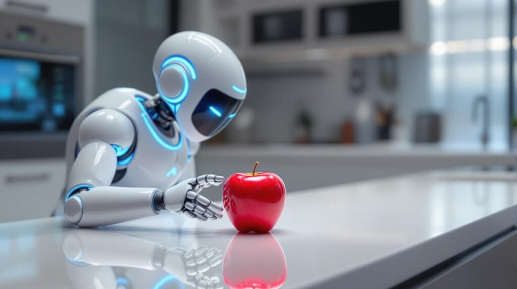 a sleek robot talks with an apple which ain't an apple and ain't a robot